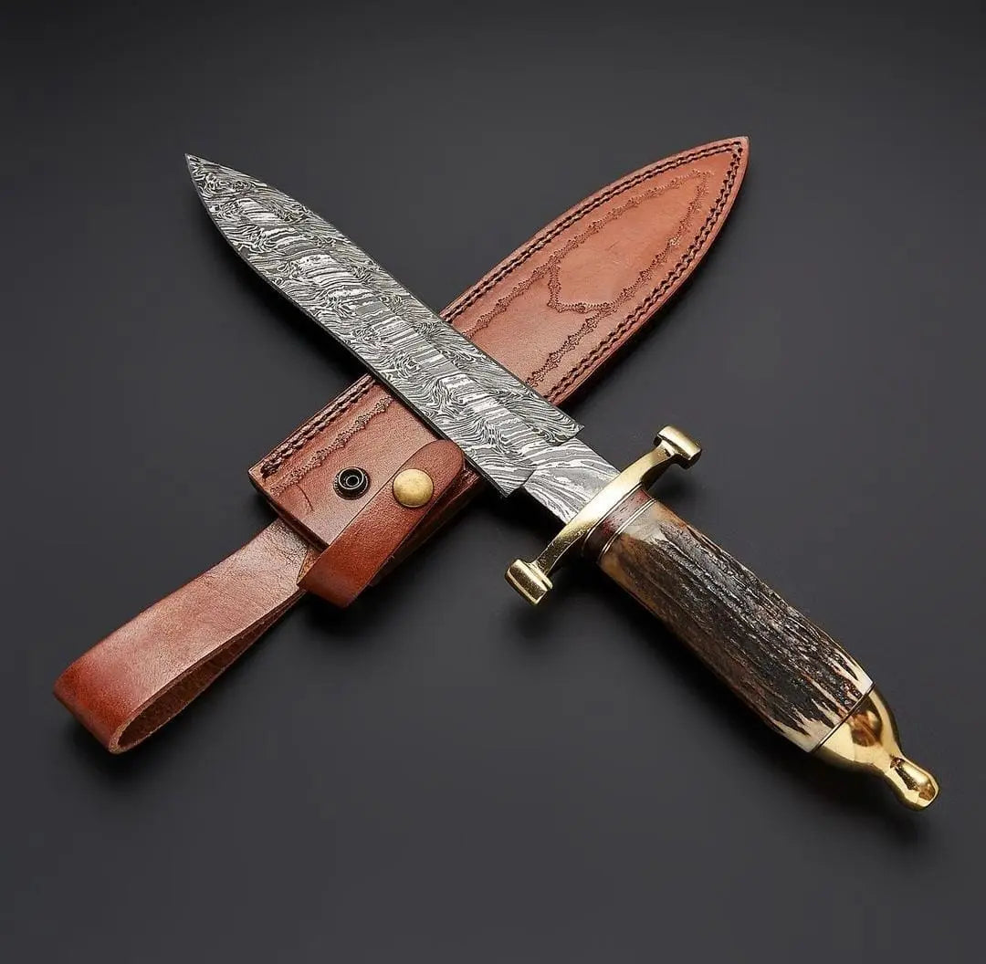 Custom handmade damascus steel Hunting dagger with leather sheath/Antler horn - Image #1