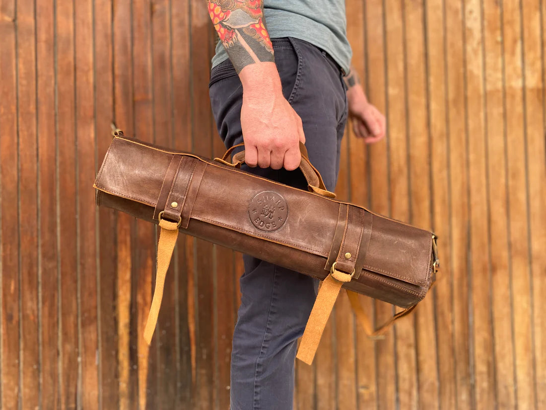 Custom handmade Damascus steel kitchen chef set with leather roll!