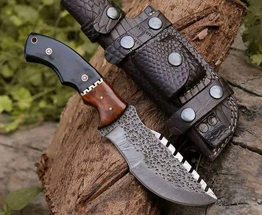 Custom handmade damascus steel Tracker knife with leather sheath