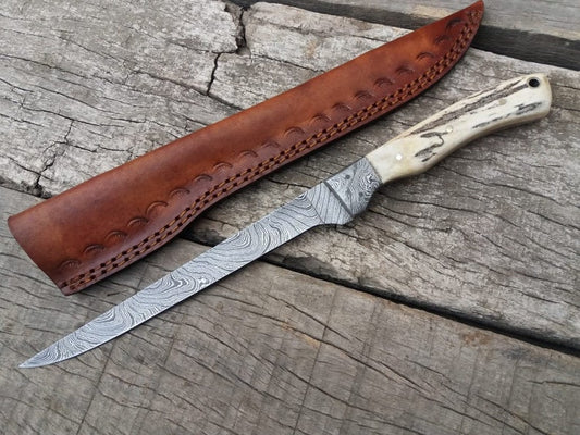 Custom handmade damascus steel fish fillet knife with leather sheath/stag horn handle