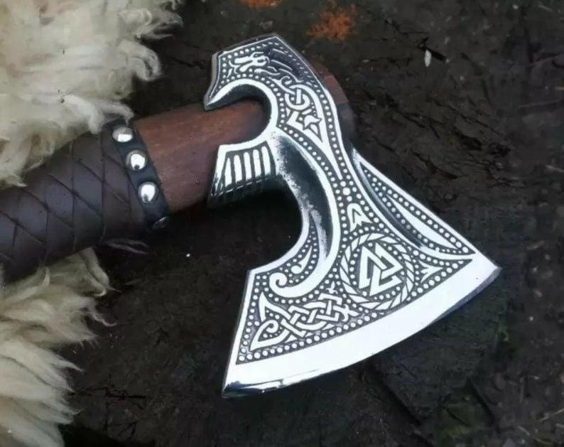 Custom handmade D2 steel viking axe with leather sheath