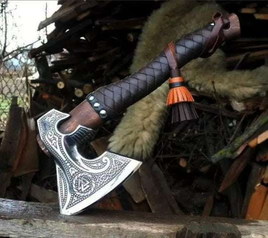 Custom handmade D2 steel viking axe with leather sheath