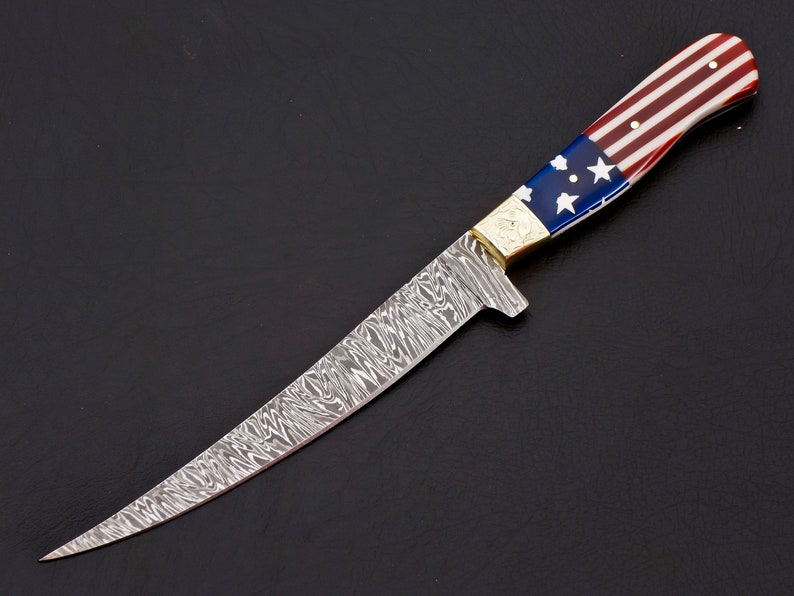 Custom handmade damascus steel fish fillet knife with leather sheath/USA Flag