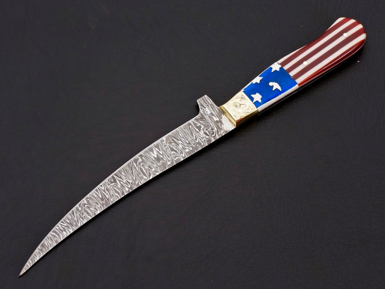 Custom handmade damascus steel fish fillet knife with leather sheath/USA Flag