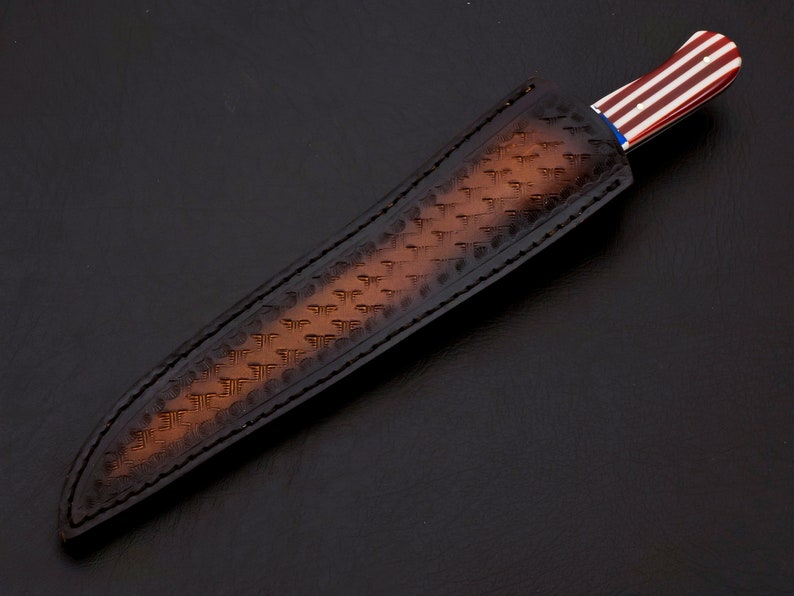 Custom handmade damascus steel fish fillet knife with leather sheath/USA Flag
