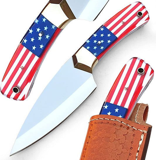 Custom handmade D2 steel skinner knife with leather sheath/USA Flag handle