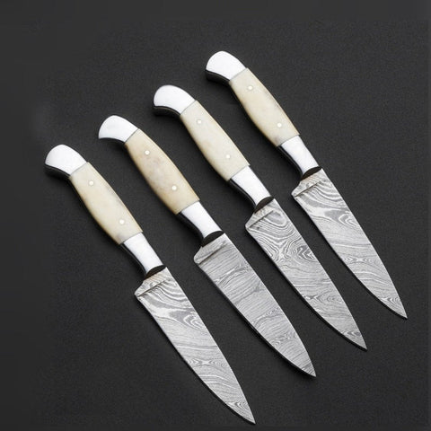 Custom handmade Damascus steel steaks set with leather roll 04 pcs/white camel bone