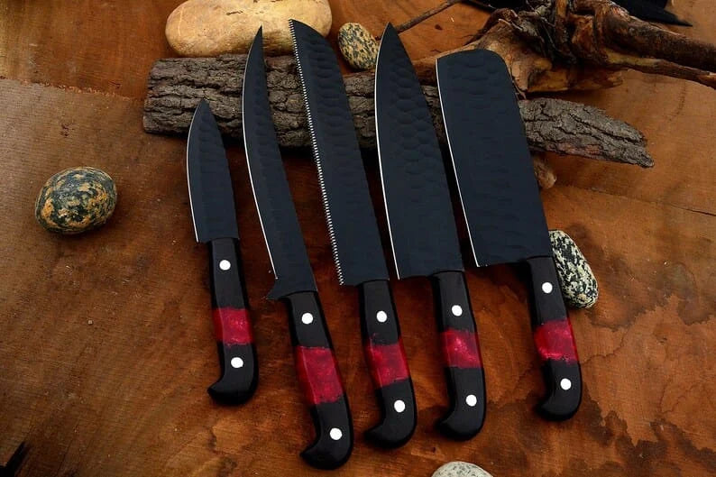 Custom handmade d2 steel kitchen chef set with leather roll 05 pcs