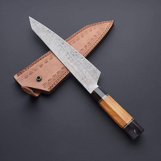 Custom handmade damascus steel kitchen knife with leather sheath/single chef Santoku