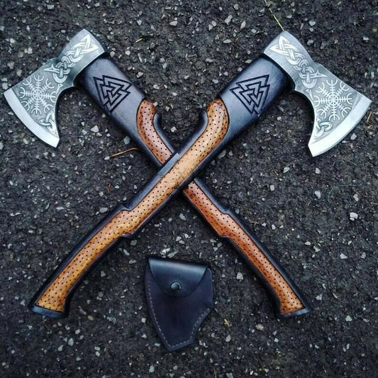 Custom handmade D2 steel viking axe pair with leather sheath